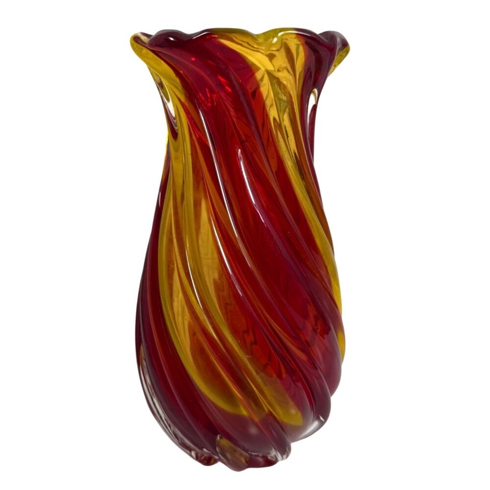 Vintage Teleflora Gifts Spiral Hand Blown Heavy Glass Vase Red / Yellow
